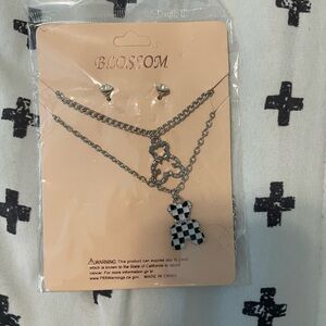 Silver with diamonds necklace teddy bear,black,white checkered